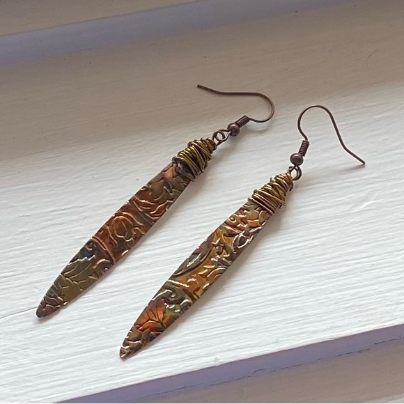 Artisan Jewelry - Copper artisan flame painted earrings, boho hand wire wrapped, lightweight